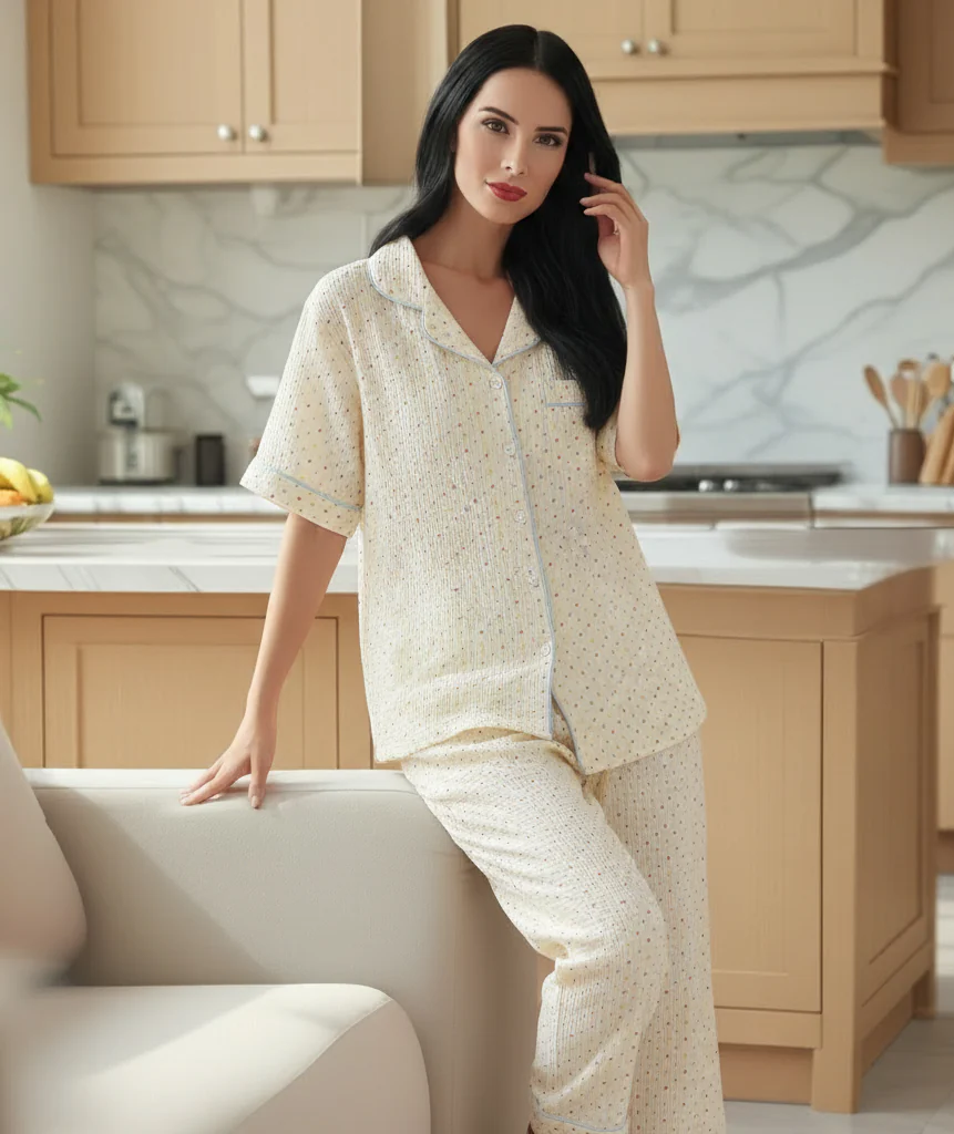 Robey women's 3-piece summer cotton pajama set in beige with short sleeve top, long pants, and matching robe